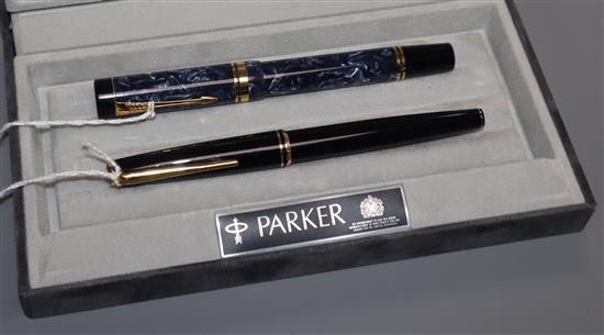 A Parker Duofold Centennial blue marbled fountain pen (boxed) and a Montblanc Classic black fountain pen,